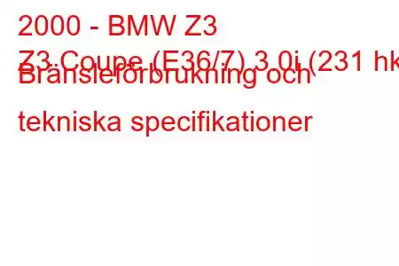 2000 - BMW Z3
Z3 Coupe (E36/7) 3.0i (231 hk) Bränsleförbrukning och tekniska specifikationer