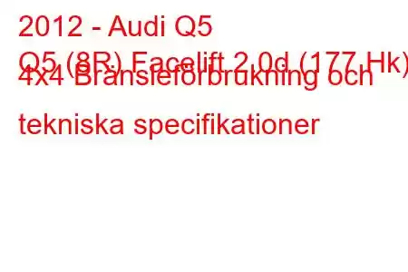 2012 - Audi Q5
Q5 (8R) Facelift 2.0d (177 Hk) 4x4 Bränsleförbrukning och tekniska specifikationer