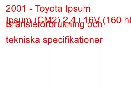 2001 - Toyota Ipsum
Ipsum (CM2) 2,4 i 16V (160 hk) Bränsleförbrukning och tekniska specifikationer