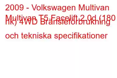 2009 - Volkswagen Multivan
Multivan T5 Facelift 2.0d (180 hk) 4WD Bränsleförbrukning och tekniska specifikationer