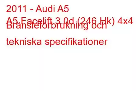 2011 - Audi A5
A5 Facelift 3.0d (246 Hk) 4x4 Bränsleförbrukning och tekniska specifikationer