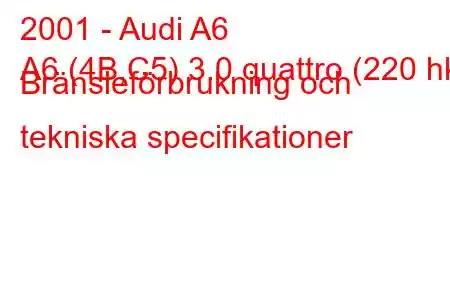 2001 - Audi A6
A6 (4B,C5) 3.0 quattro (220 hk) Bränsleförbrukning och tekniska specifikationer