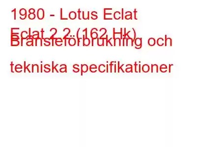 1980 - Lotus Eclat
Eclat 2.2 (162 Hk) Bränsleförbrukning och tekniska specifikationer