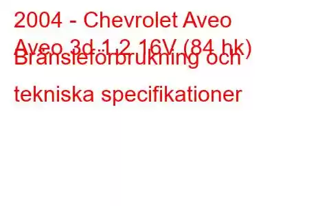 2004 - Chevrolet Aveo
Aveo 3d 1.2 16V (84 hk) Bränsleförbrukning och tekniska specifikationer