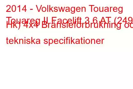 2014 - Volkswagen Touareg
Touareg II Facelift 3.6 AT (249 Hk) 4x4 Bränsleförbrukning och tekniska specifikationer