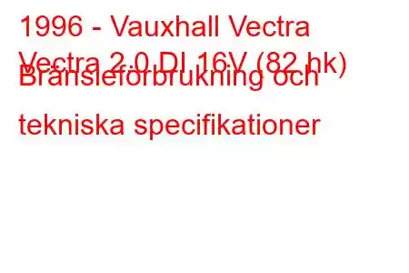 1996 - Vauxhall Vectra
Vectra 2.0 DI 16V (82 hk) Bränsleförbrukning och tekniska specifikationer