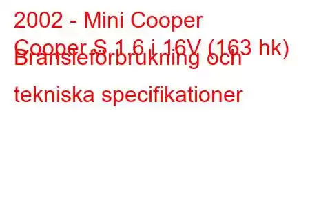 2002 - Mini Cooper
Cooper S 1.6 i 16V (163 hk) Bränsleförbrukning och tekniska specifikationer