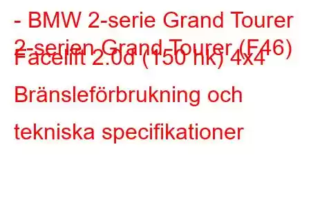 - BMW 2-serie Grand Tourer
2-serien Grand Tourer (F46) Facelift 2.0d (150 hk) 4x4 Bränsleförbrukning och tekniska specifikationer