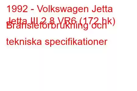 1992 - Volkswagen Jetta
Jetta III 2.8 VR6 (172 hk) Bränsleförbrukning och tekniska specifikationer