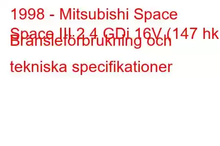 1998 - Mitsubishi Space
Space III 2.4 GDi 16V (147 hk) Bränsleförbrukning och tekniska specifikationer