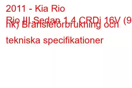 2011 - Kia Rio
Rio III Sedan 1.4 CRDi 16V (90 hk) Bränsleförbrukning och tekniska specifikationer