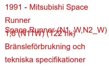 1991 - Mitsubishi Space Runner
Space Runner (N1_W,N2_W) 1,8 (N11W) (122 hk) Bränsleförbrukning och tekniska specifikationer