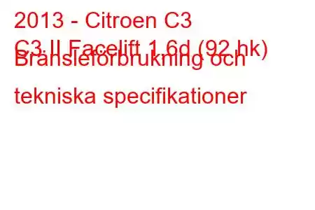 2013 - Citroen C3
C3 II Facelift 1,6d (92 hk) Bränsleförbrukning och tekniska specifikationer