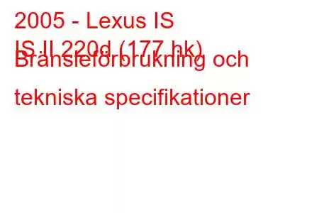 2005 - Lexus IS
IS II 220d (177 hk) Bränsleförbrukning och tekniska specifikationer