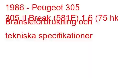 1986 - Peugeot 305
305 II Break (581E) 1,6 (75 hk) Bränsleförbrukning och tekniska specifikationer