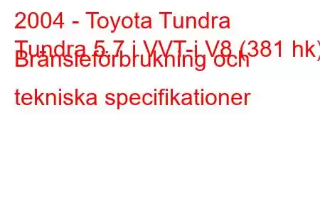 2004 - Toyota Tundra
Tundra 5.7 i VVT-i V8 (381 hk) Bränsleförbrukning och tekniska specifikationer