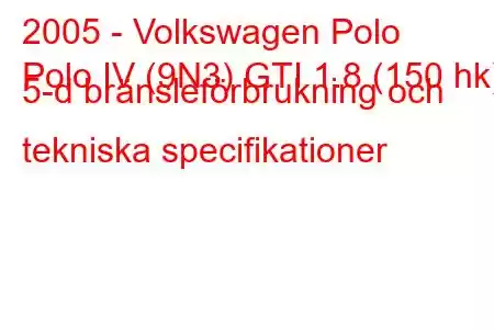 2005 - Volkswagen Polo
Polo IV (9N3) GTI 1.8 (150 hk) 5-d bränsleförbrukning och tekniska specifikationer