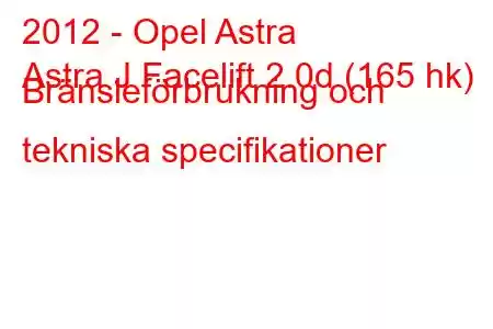 2012 - Opel Astra
Astra J Facelift 2.0d (165 hk) Bränsleförbrukning och tekniska specifikationer