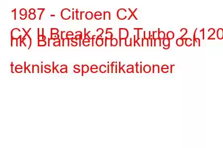 1987 - Citroen CX
CX II Break 25 D Turbo 2 (120 hk) Bränsleförbrukning och tekniska specifikationer