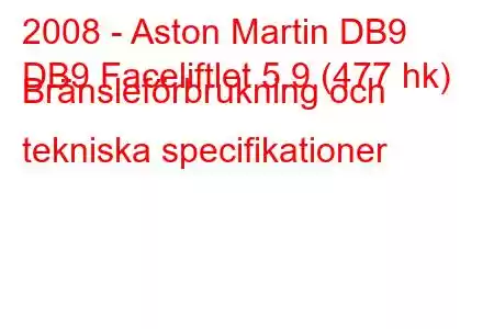 2008 - Aston Martin DB9
DB9 Faceliftlet 5.9 (477 hk) Bränsleförbrukning och tekniska specifikationer