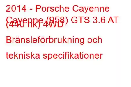 2014 - Porsche Cayenne
Cayenne (958) GTS 3.6 AT (440 hk) 4WD Bränsleförbrukning och tekniska specifikationer