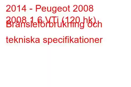 2014 - Peugeot 2008
2008 1.6 VTi (120 hk) Bränsleförbrukning och tekniska specifikationer