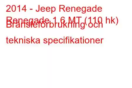 2014 - Jeep Renegade
Renegade 1,6 MT (110 hk) Bränsleförbrukning och tekniska specifikationer