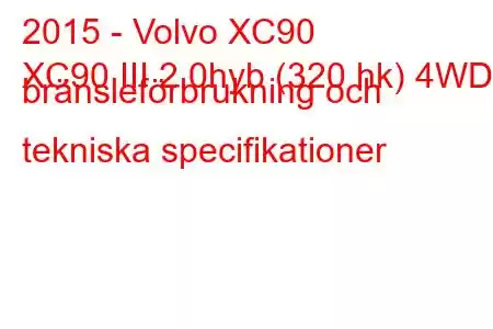 2015 - Volvo XC90
XC90 III 2.0hyb (320 hk) 4WD bränsleförbrukning och tekniska specifikationer