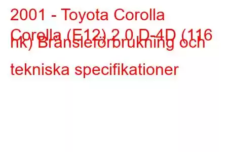 2001 - Toyota Corolla
Corolla (E12) 2.0 D-4D (116 hk) Bränsleförbrukning och tekniska specifikationer