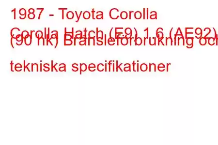 1987 - Toyota Corolla
Corolla Hatch (E9) 1.6 (AE92) (90 hk) Bränsleförbrukning och tekniska specifikationer