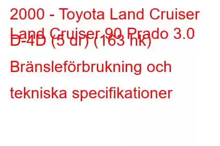 2000 - Toyota Land Cruiser
Land Cruiser 90 Prado 3.0 D-4D (5 dr) (163 hk) Bränsleförbrukning och tekniska specifikationer