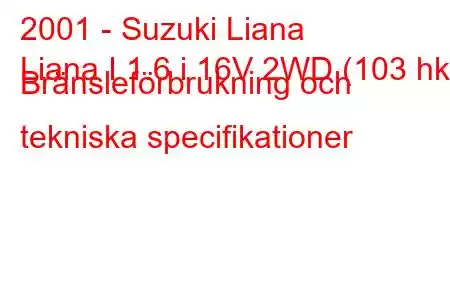 2001 - Suzuki Liana
Liana I 1.6 i 16V 2WD (103 hk) Bränsleförbrukning och tekniska specifikationer