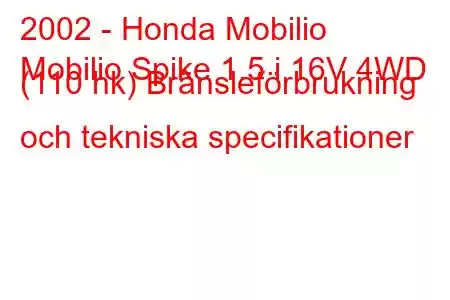 2002 - Honda Mobilio
Mobilio Spike 1.5 i 16V 4WD (110 hk) Bränsleförbrukning och tekniska specifikationer