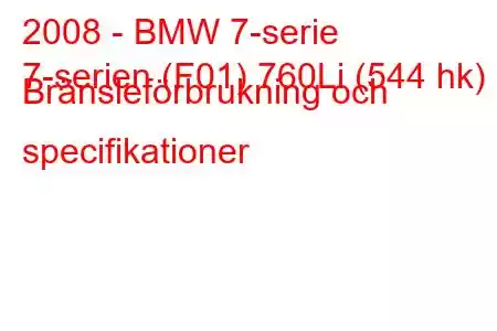 2008 - BMW 7-serie
7-serien (F01) 760Li (544 hk) Bränsleförbrukning och specifikationer