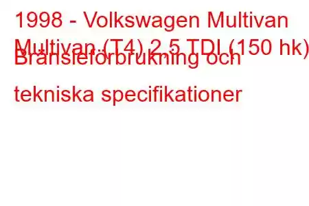 1998 - Volkswagen Multivan
Multivan (T4) 2,5 TDI (150 hk) Bränsleförbrukning och tekniska specifikationer