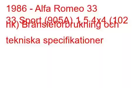 1986 - Alfa Romeo 33
33 Sport (905A) 1,5 4x4 (102 hk) Bränsleförbrukning och tekniska specifikationer