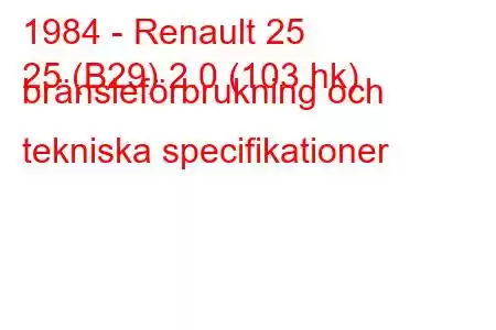 1984 - Renault 25
25 (B29) 2.0 (103 hk) bränsleförbrukning och tekniska specifikationer