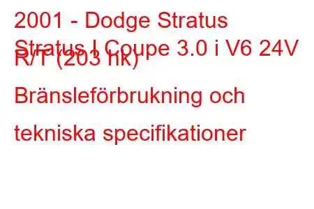 2001 - Dodge Stratus
Stratus I Coupe 3.0 i V6 24V R/T (203 hk) Bränsleförbrukning och tekniska specifikationer