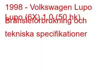 1998 - Volkswagen Lupo
Lupo (6X) 1,0 (50 hk) Bränsleförbrukning och tekniska specifikationer