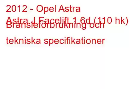 2012 - Opel Astra
Astra J Facelift 1.6d (110 hk) Bränsleförbrukning och tekniska specifikationer