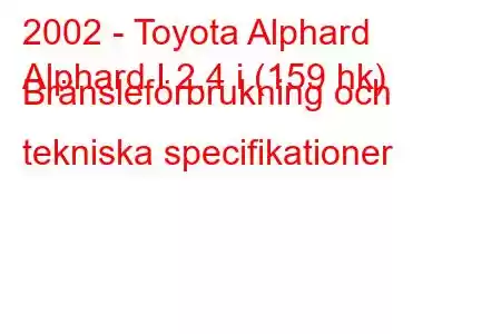 2002 - Toyota Alphard
Alphard I 2.4 i (159 hk) Bränsleförbrukning och tekniska specifikationer