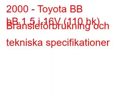 2000 - Toyota BB
bB 1,5 i 16V (110 hk) Bränsleförbrukning och tekniska specifikationer