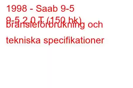 1998 - Saab 9-5
9-5 2,0 T (150 hk) bränsleförbrukning och tekniska specifikationer