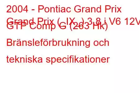 2004 - Pontiac Grand Prix
Grand Prix (_IX_) 3.8 i V6 12V GTP Comp G (263 Hk) Bränsleförbrukning och tekniska specifikationer