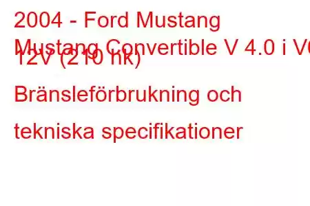 2004 - Ford Mustang
Mustang Convertible V 4.0 i V6 12V (210 hk) Bränsleförbrukning och tekniska specifikationer