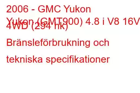 2006 - GMC Yukon
Yukon (GMT900) 4.8 i V8 16V 4WD (294 hk) Bränsleförbrukning och tekniska specifikationer