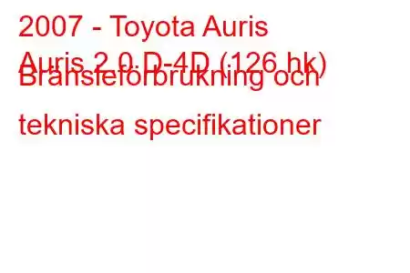 2007 - Toyota Auris
Auris 2.0 D-4D (126 hk) Bränsleförbrukning och tekniska specifikationer