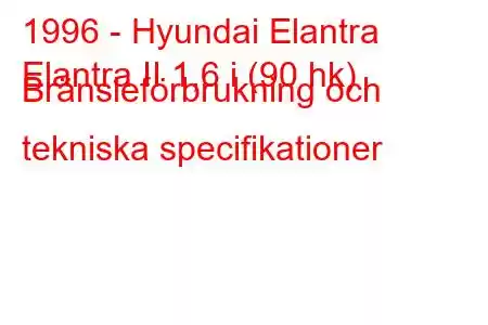 1996 - Hyundai Elantra
Elantra II 1,6 i (90 hk) Bränsleförbrukning och tekniska specifikationer