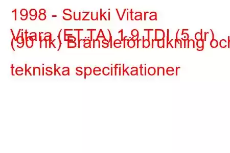 1998 - Suzuki Vitara
Vitara (ET,TA) 1,9 TDI (5 dr) (90 hk) Bränsleförbrukning och tekniska specifikationer