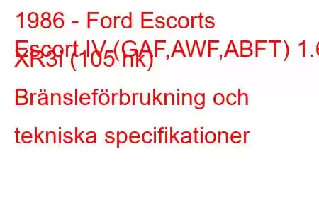 1986 - Ford Escorts
Escort IV (GAF,AWF,ABFT) 1.6 XR3i (105 hk) Bränsleförbrukning och tekniska specifikationer